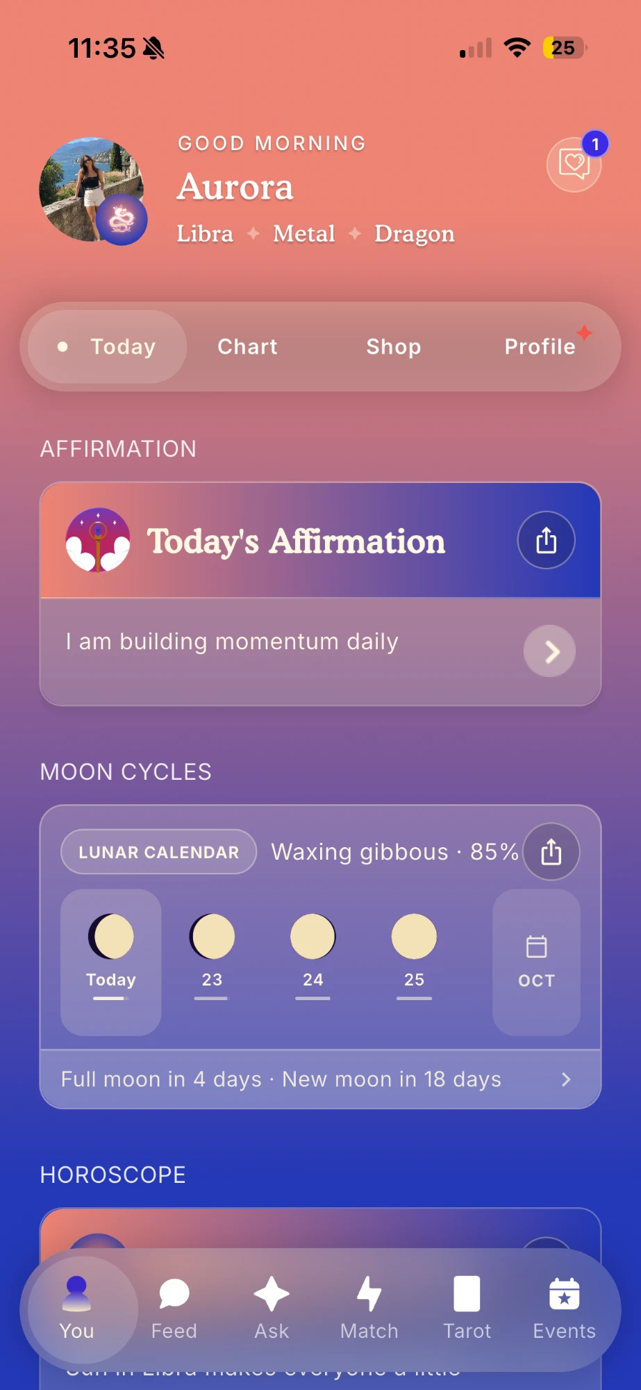 Cosmic Fusion app home screen showing today's affirmation, moon cycles and horoscope